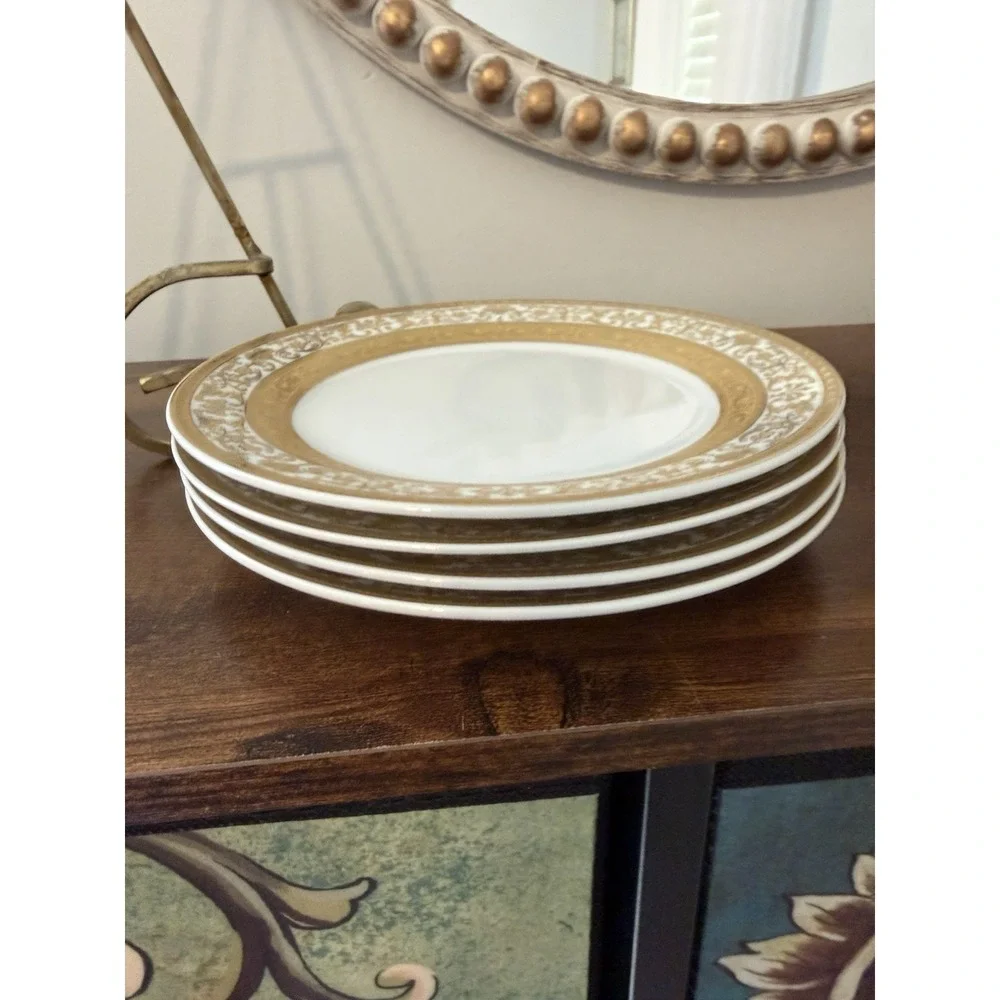 VTG GNA 9 Fine Porcelain Salad Plates Set of 4‎ Gold Encrusted Gold Trim 7-3/4